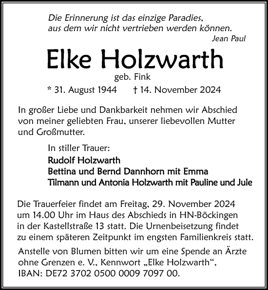 Traueranzeige von Elke Holzwarth von GESAMT