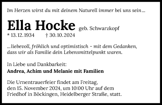 Traueranzeige von Ella Hocke von GESAMT