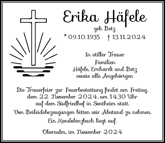 Traueranzeige von Erika Häfele von GESAMT