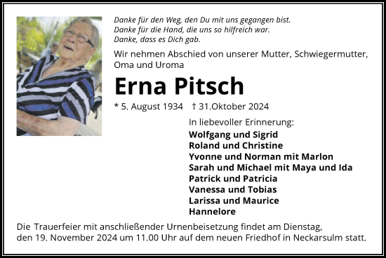 Traueranzeige von Erna Pitsch von GESAMT