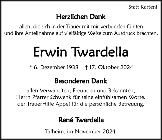 Traueranzeige von Erwin Twardella von GESAMT