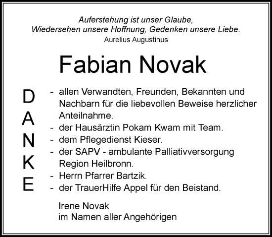 Traueranzeige von Fabian Novak von GESAMT