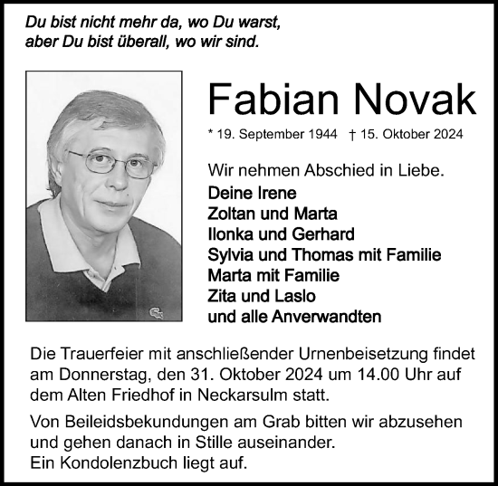 Traueranzeige von Fabian Novak von GESAMT