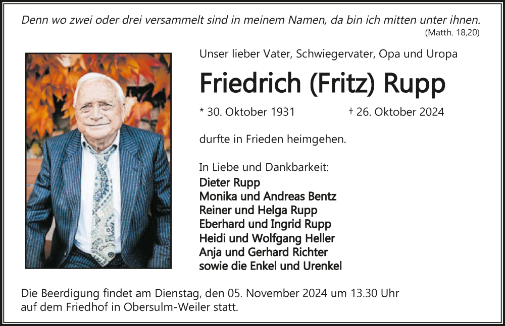  Traueranzeige für Friedrich Rupp vom 02.11.2024 aus GESAMT