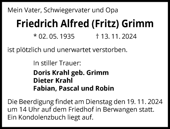 Traueranzeige von Friedrich Alfred Grimm von GESAMT