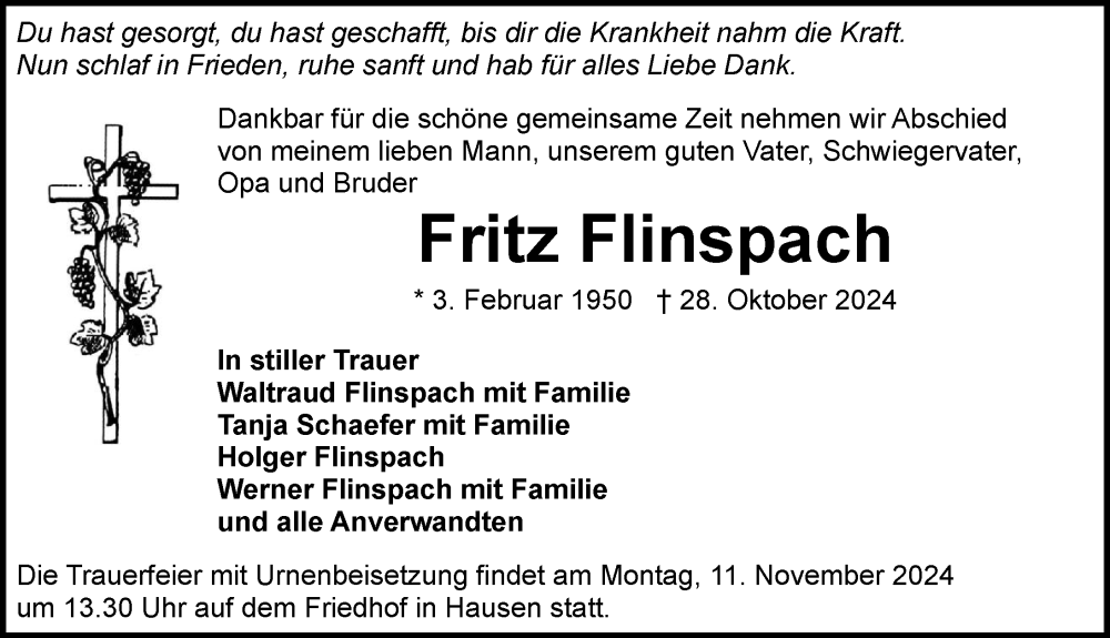  Traueranzeige für Fritz Flinspach vom 05.11.2024 aus GESAMT