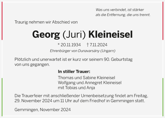 Traueranzeige von Georg Kleineisel von GESAMT