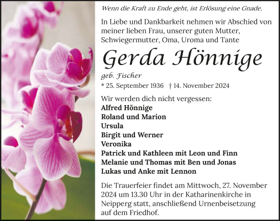 Traueranzeige von Gerda Hönnige von GESAMT