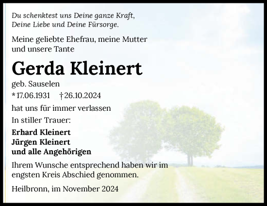 Traueranzeige von Gerda Kleinert von GESAMT