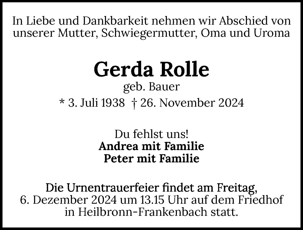  Traueranzeige für Gerda Rolle vom 30.11.2024 aus GESAMT