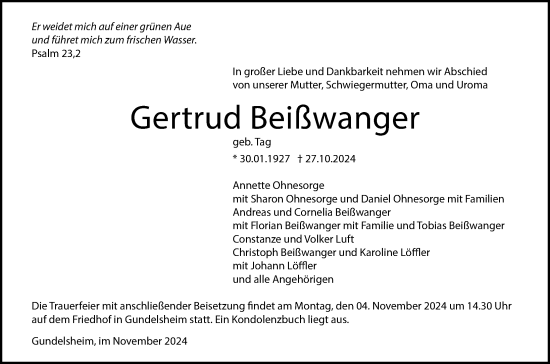 Traueranzeige von Gertrud Beißwanger von GESAMT