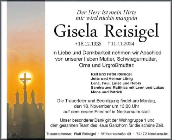 Traueranzeige von Gisela Reisigel von GESAMT