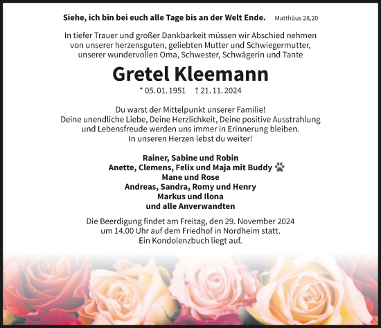 Traueranzeige von Gretel Kleemann von GESAMT