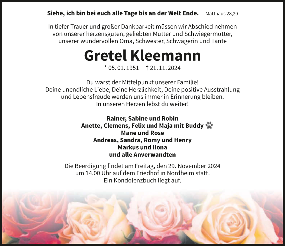  Traueranzeige für Gretel Kleemann vom 23.11.2024 aus GESAMT