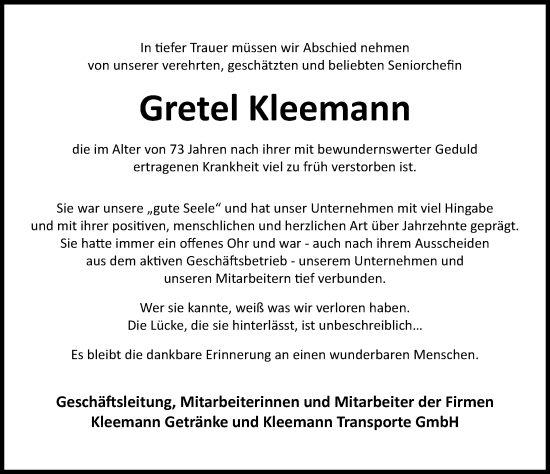 Traueranzeige von Gretel Kleemann von GESAMT