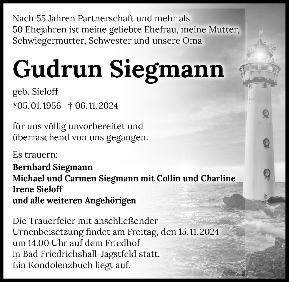  Traueranzeige für Gudrun Siegmann vom 09.11.2024 aus GESAMT