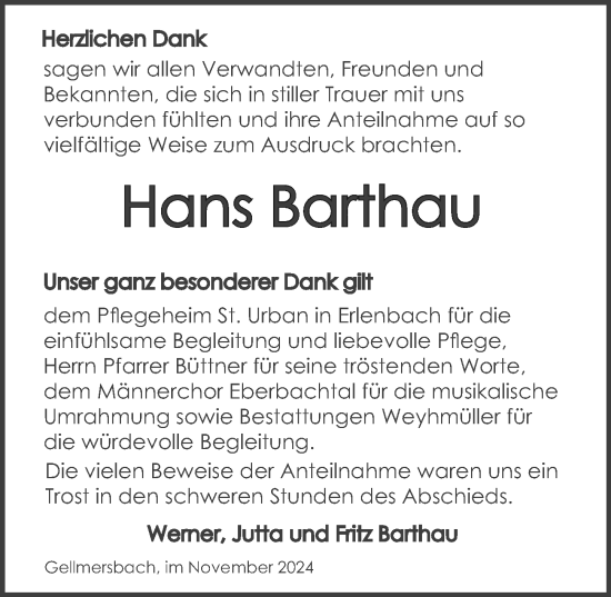 Traueranzeige von Hans Barthau von GESAMT