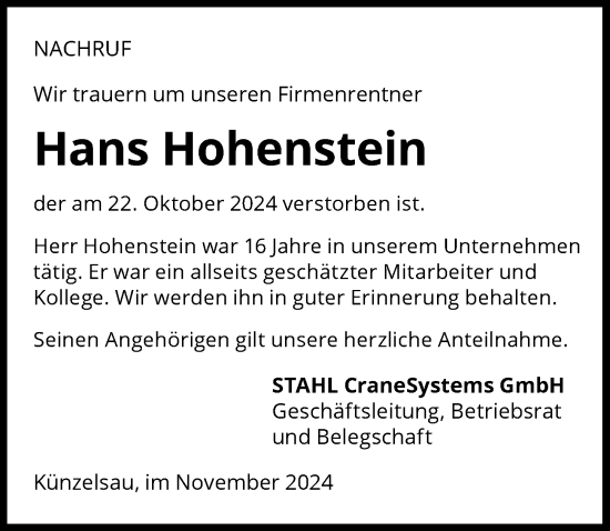 Traueranzeige von Hans Hohenstein von GESAMT