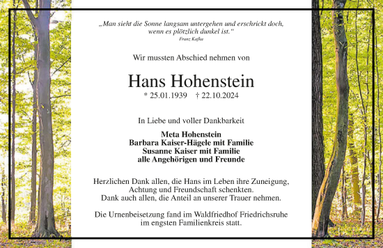 Traueranzeige von Hans Hohenstein von GESAMT