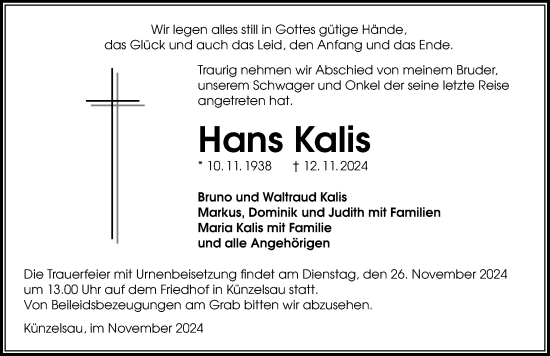 Traueranzeige von Hans Kalis von GESAMT