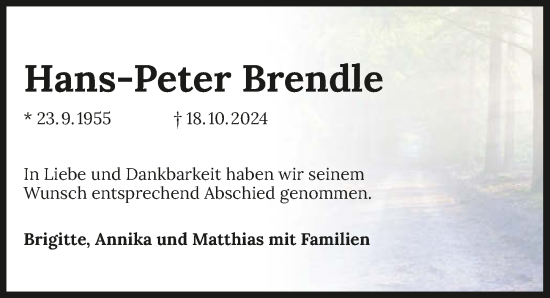 Traueranzeige von Hans-Peter Brendle von GESAMT