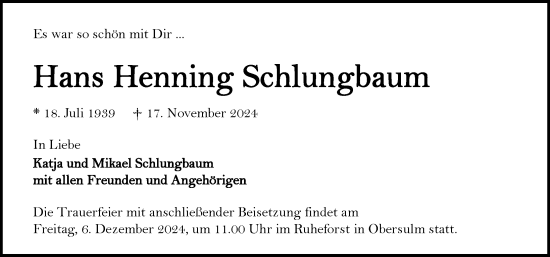 Traueranzeige von Hans Henning Schlungbaum von GESAMT