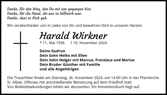 Traueranzeige von Harald Wirkner von GESAMT