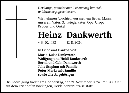 Traueranzeige von Heinz Dankwerth von GESAMT