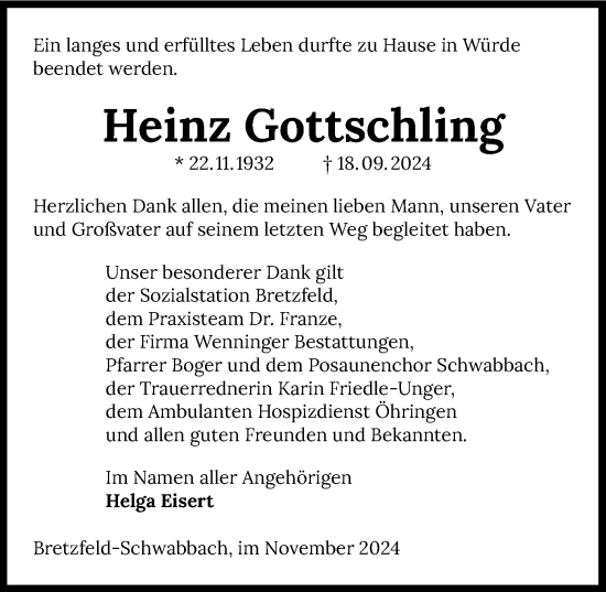 Traueranzeige von Heinz Gottschling von GESAMT