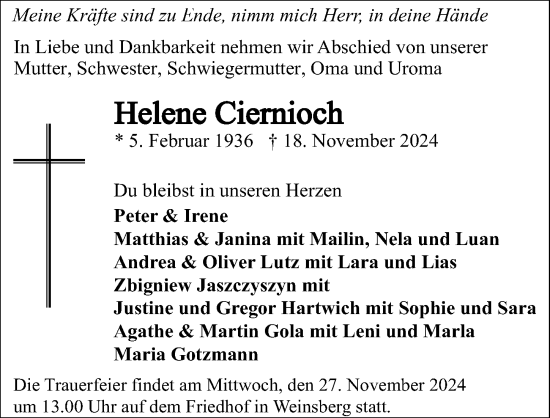 Traueranzeige von Helene Ciernioch von GESAMT