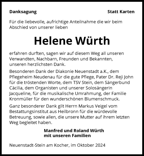 Traueranzeige von Helene Würth von GESAMT