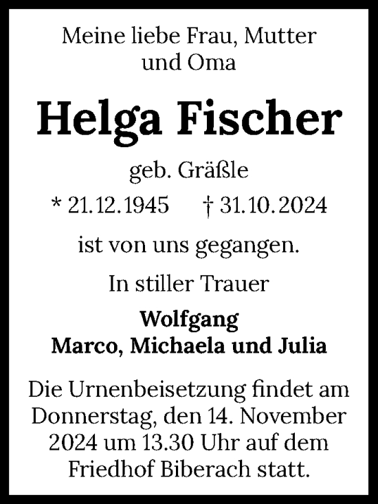 Traueranzeige von Helga Fischer von GESAMT