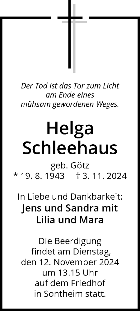 Traueranzeige von Helga Schleehaus von GESAMT