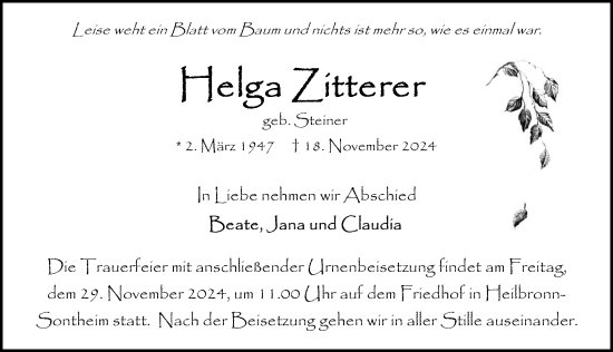 Traueranzeige von Helga Zitterer von GESAMT