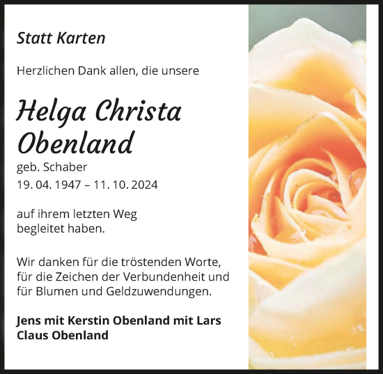 Traueranzeige von Helga Christa Obenland von GESAMT