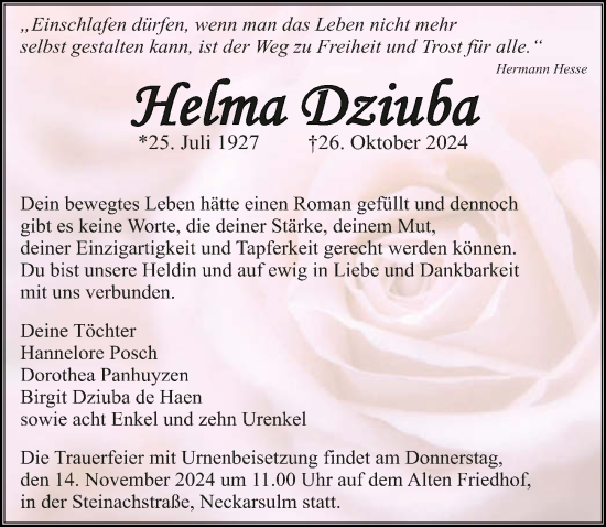 Traueranzeige von Helma Dziuba von GESAMT