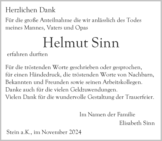 Traueranzeige von Helmut Sinn