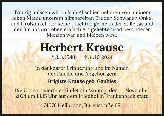 Traueranzeige von Herbert Krause von GESAMT