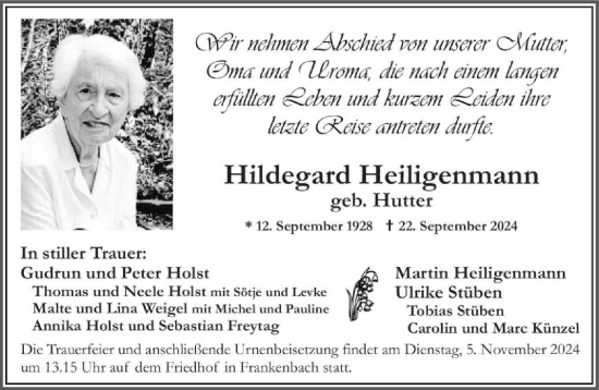 Traueranzeige von Hildegard Heiligenmann von GESAMT