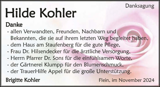 Traueranzeige von Hilde Kohler von GESAMT