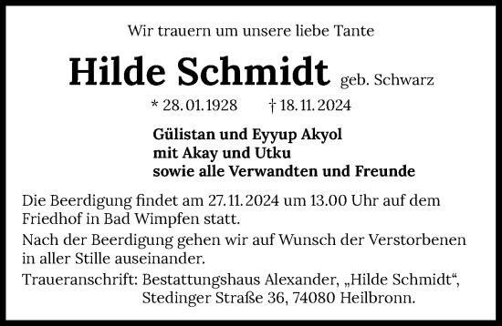 Traueranzeige von Hilde Schmidt von GESAMT