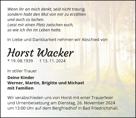 Traueranzeige von Horst Wacker von GESAMT