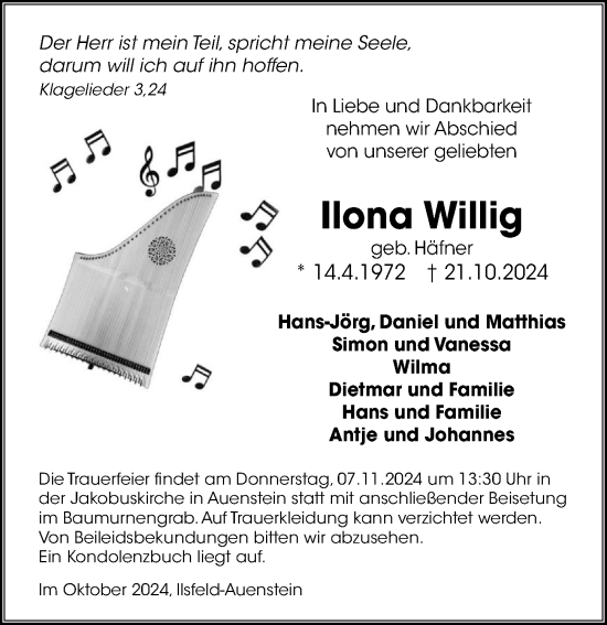 Traueranzeige von Ilona Willig von GESAMT