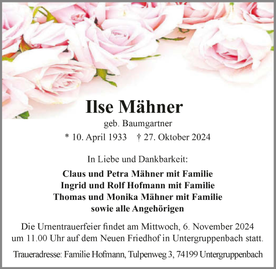 Traueranzeige von Ilse Mähner von GESAMT