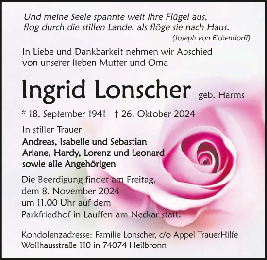 Traueranzeige von Ingrid Lonscher von GESAMT