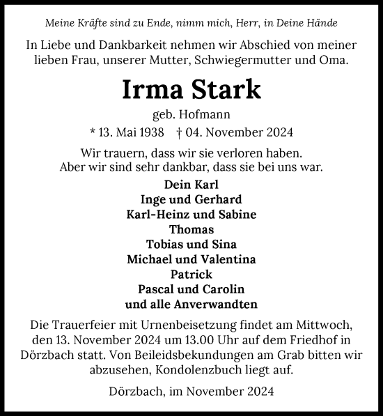 Traueranzeige von Irma Stark von GESAMT