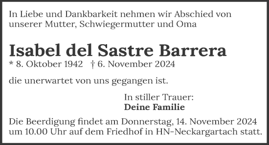 Traueranzeige von Isabel del Sastre Barrera von GESAMT