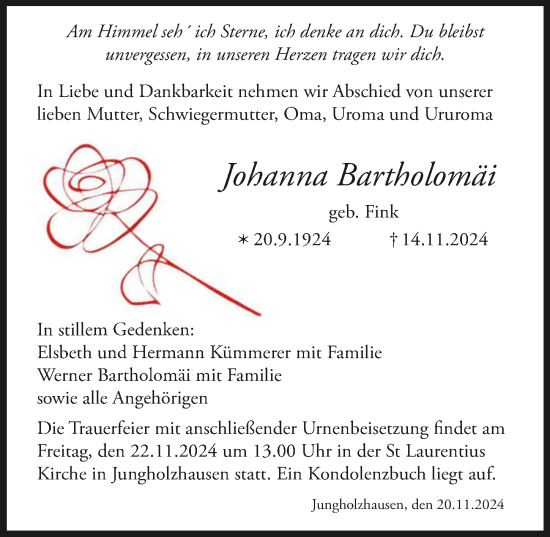 Traueranzeige von Johanna Bartholomäi von GESAMT