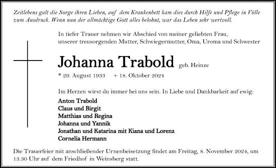 Traueranzeige von Johanna Trabold von GESAMT