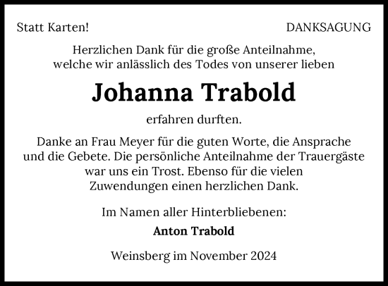 Traueranzeige von Johanna Trabold von GESAMT